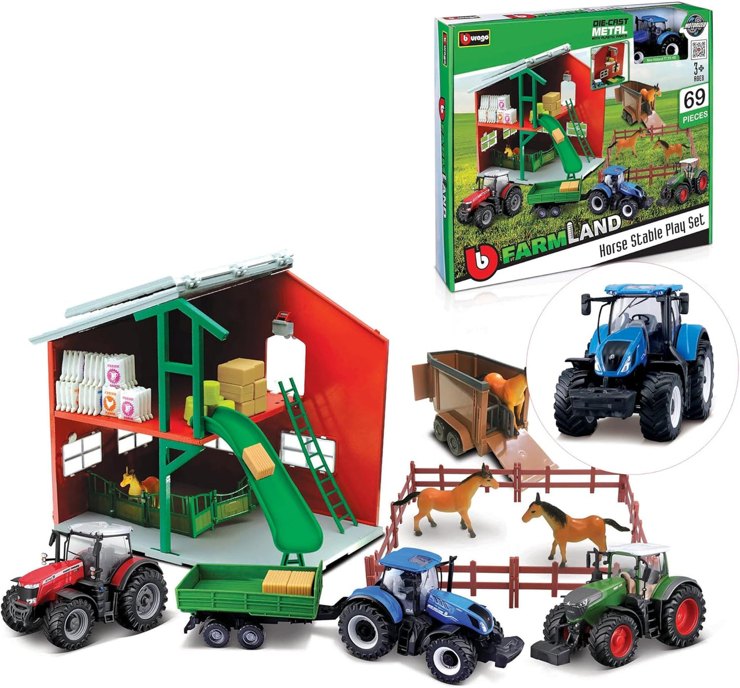 Bburago Farmland House Stable Playset For Kids WIth Holland Tractor