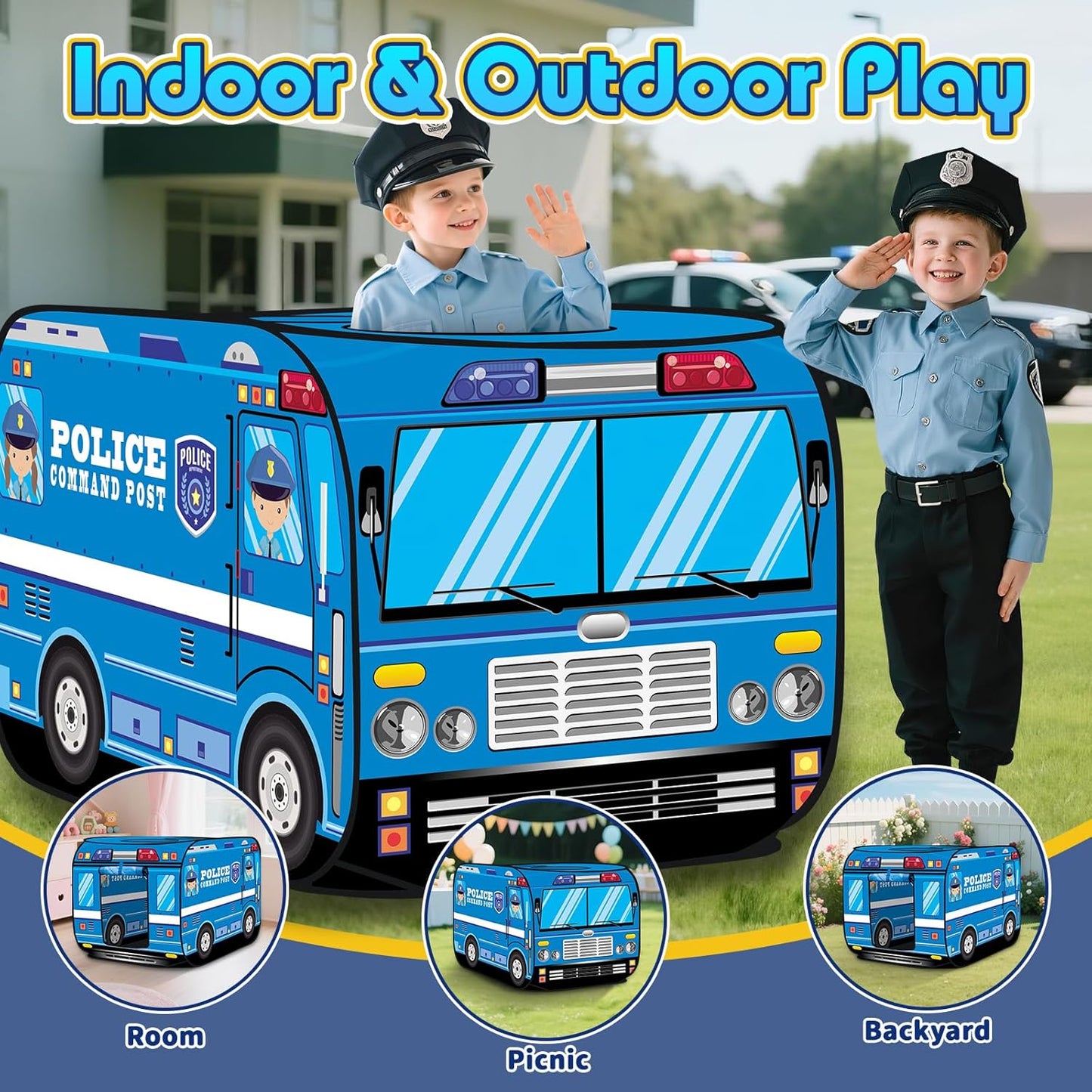 Police Car Tent House Kids Play Tent For Boys and Girls Indoor Outdoor Activity Equipment