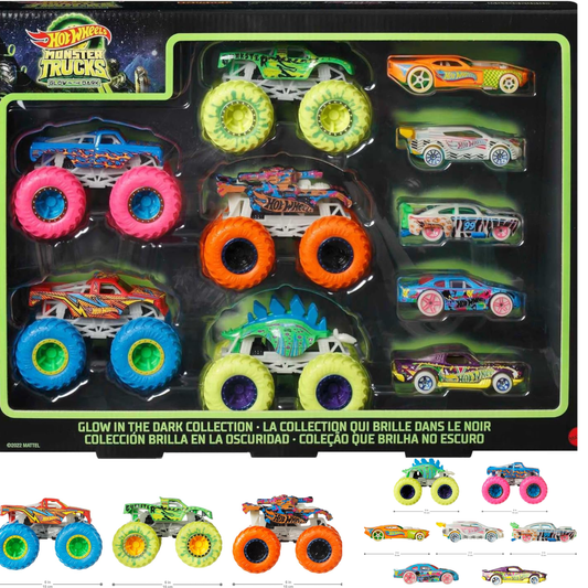 Hot Wheels Monster Trucks Glow in the Dark Multipack with 10 Toy Vehicles Hotwheel Truck Set For Kids Hot Wheels Car Pack