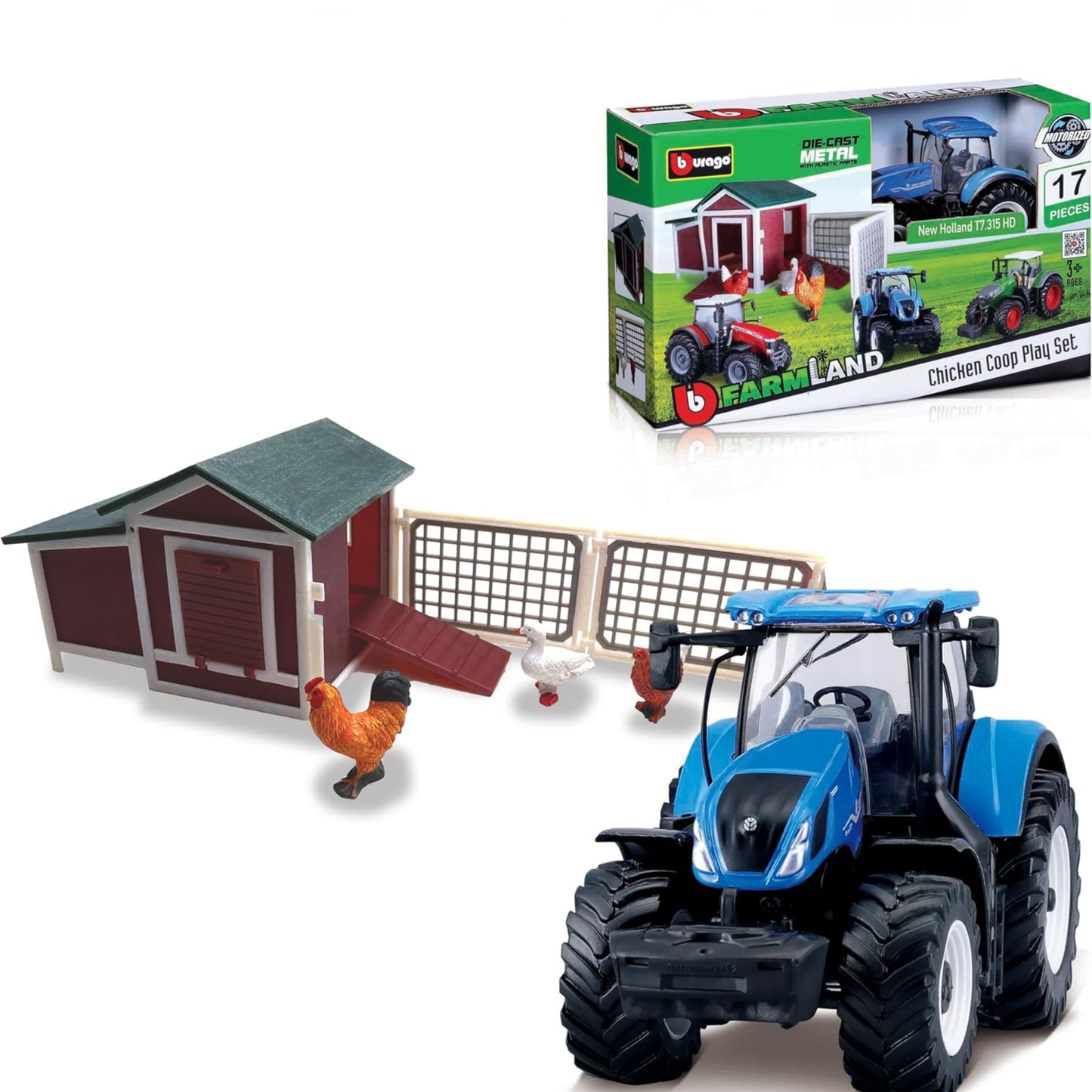 Bburago Chicken COOP Playset FarmLand Playset For Kids With Tractor