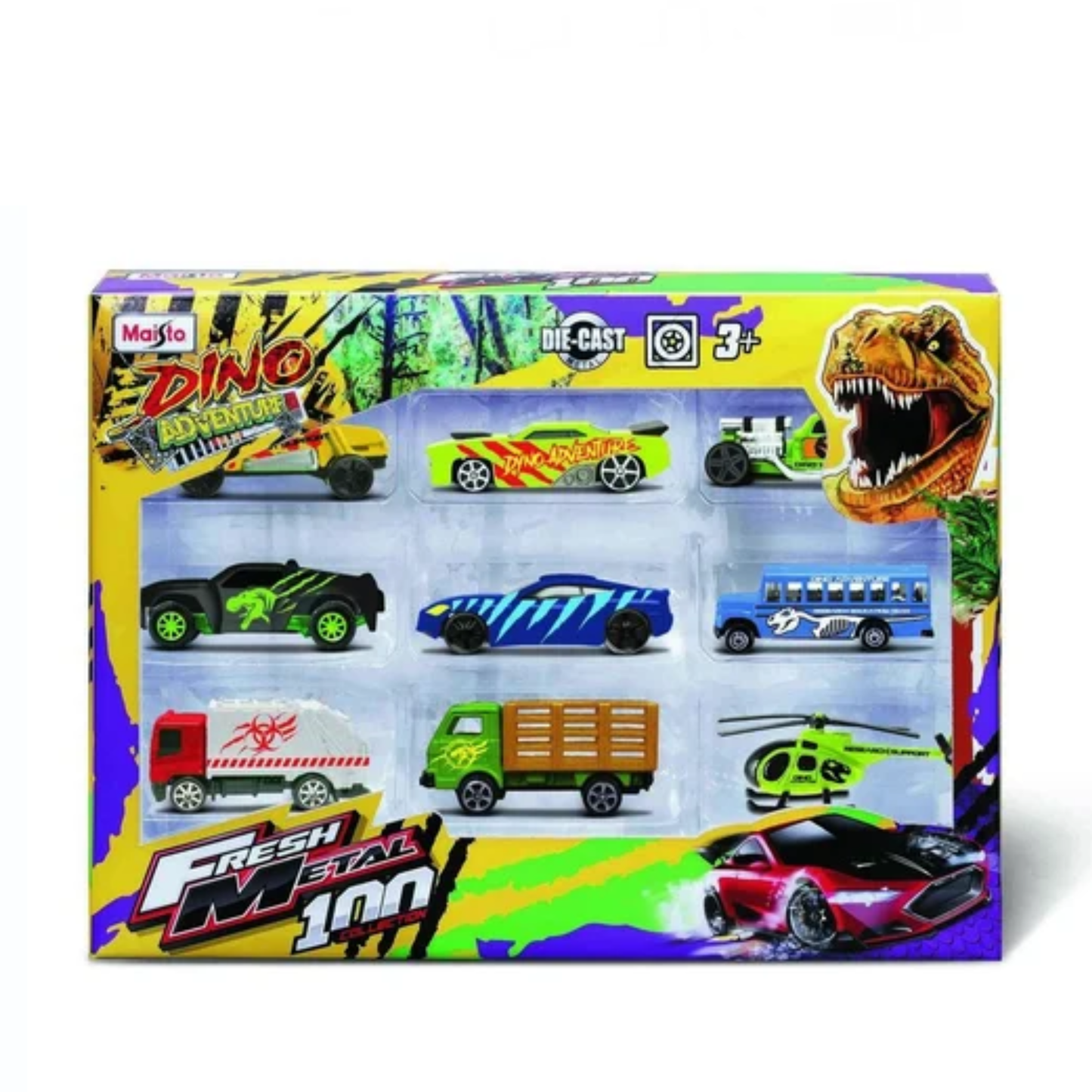 Maisto Diecast  Dino Adventure Vehicle 9 Pack 9 Metal Dinky For Kids
