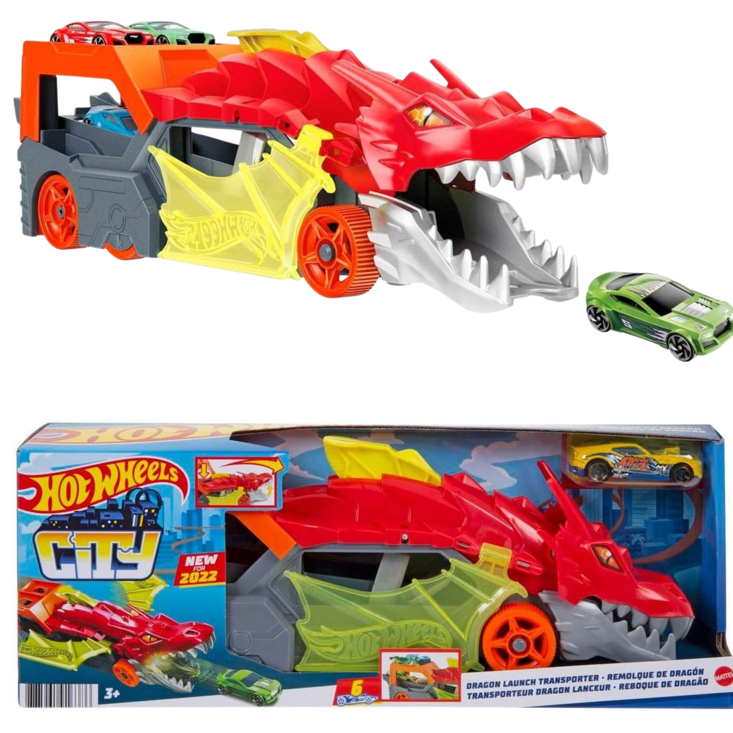 Hot Wheels City Toy Car Track Set Dragon Launch Transporter Hot Truck Set