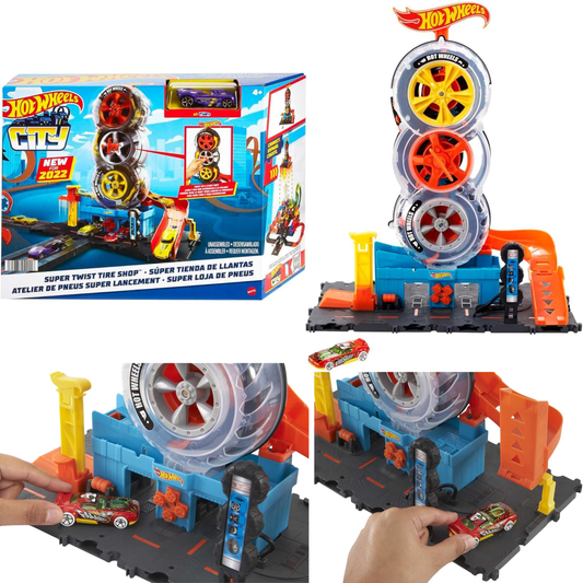 Mattel Hot Wheels Toy Car City Super Twist Tire Shop Track Set with 1:64 Scale Car  For Kids