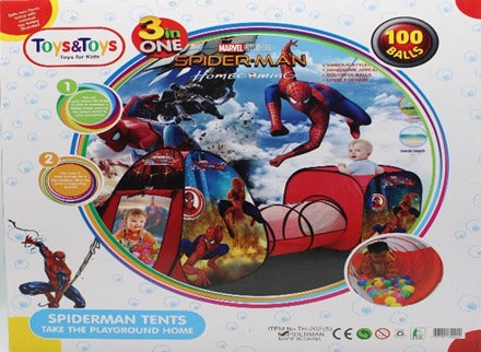 Spider-Man 3-in-1 Tunnel Tent House with 100 Balls | Playhouse for Kids | Foldable Indoor & Outdoor Tent House Toy For Boys