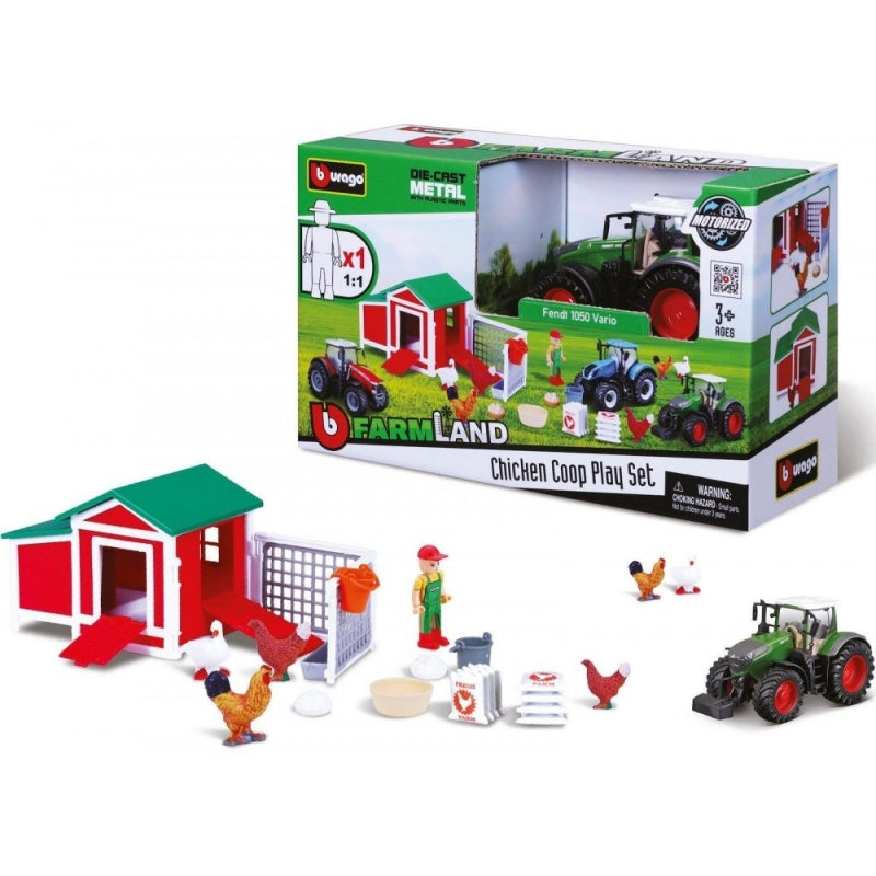 Bburago Chicken COOP Playset FarmLand Playset For Kids With Tractor