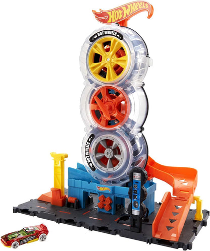 Mattel Hot Wheels Toy Car City Super Twist Tire Shop Track Set with 1:64 Scale Car  For Kids