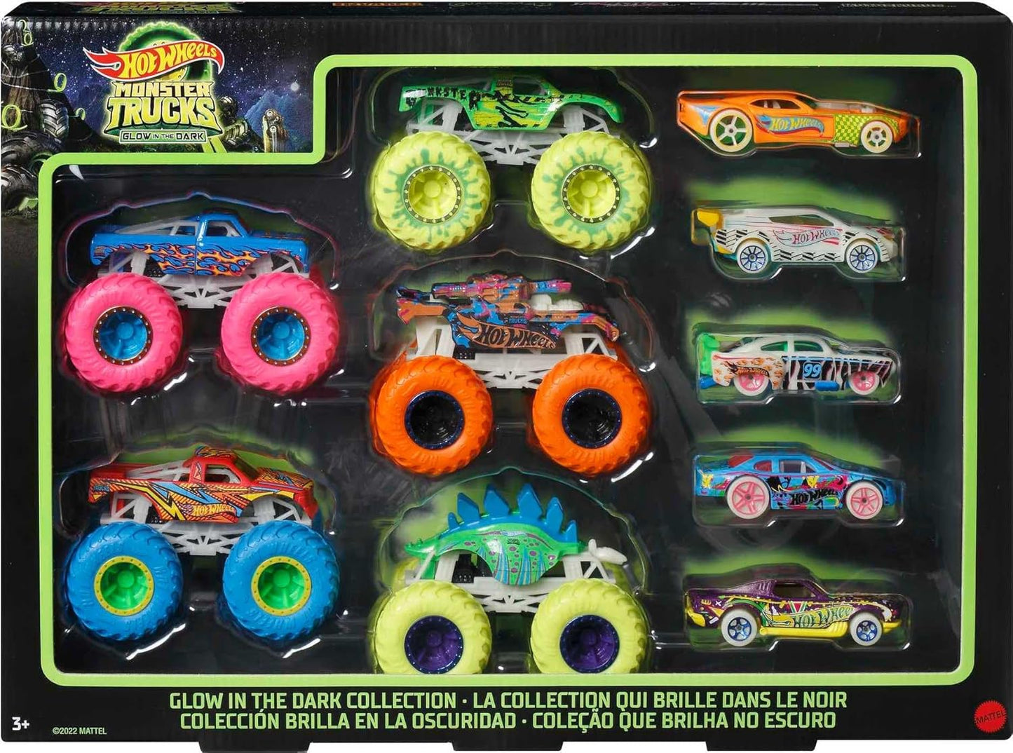Hot Wheels Monster Trucks Glow in the Dark Multipack with 10 Toy Vehicles Hotwheel Truck Set For Kids Hot Wheels Car Pack