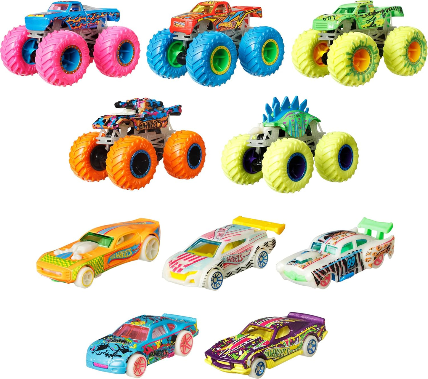 Hot Wheels Monster Trucks Glow in the Dark Multipack with 10 Toy Vehicles Hotwheel Truck Set For Kids Hot Wheels Car Pack