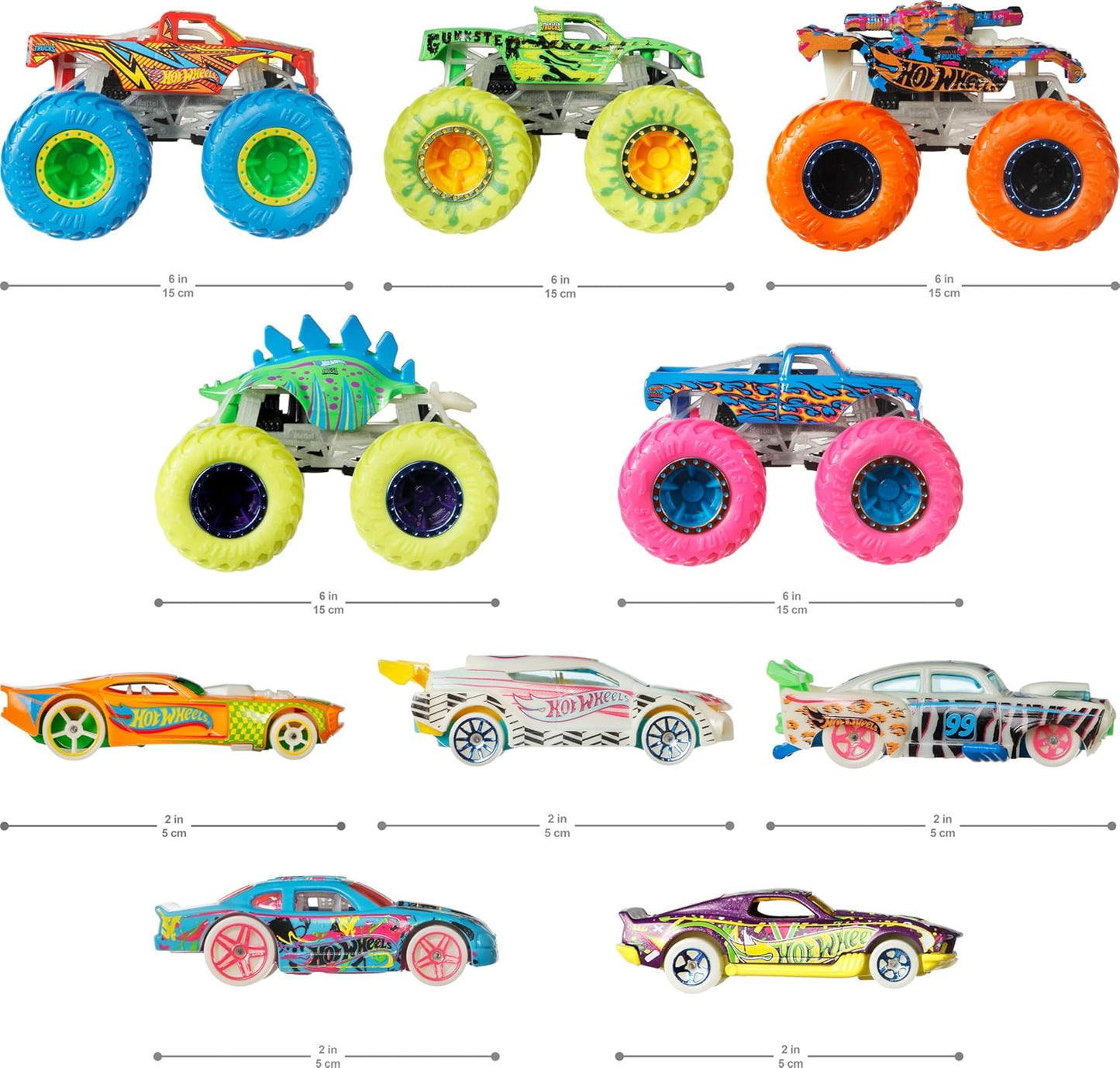 Hot Wheels Monster Trucks Glow in the Dark Multipack with 10 Toy Vehicles Hotwheel Truck Set For Kids Hot Wheels Car Pack